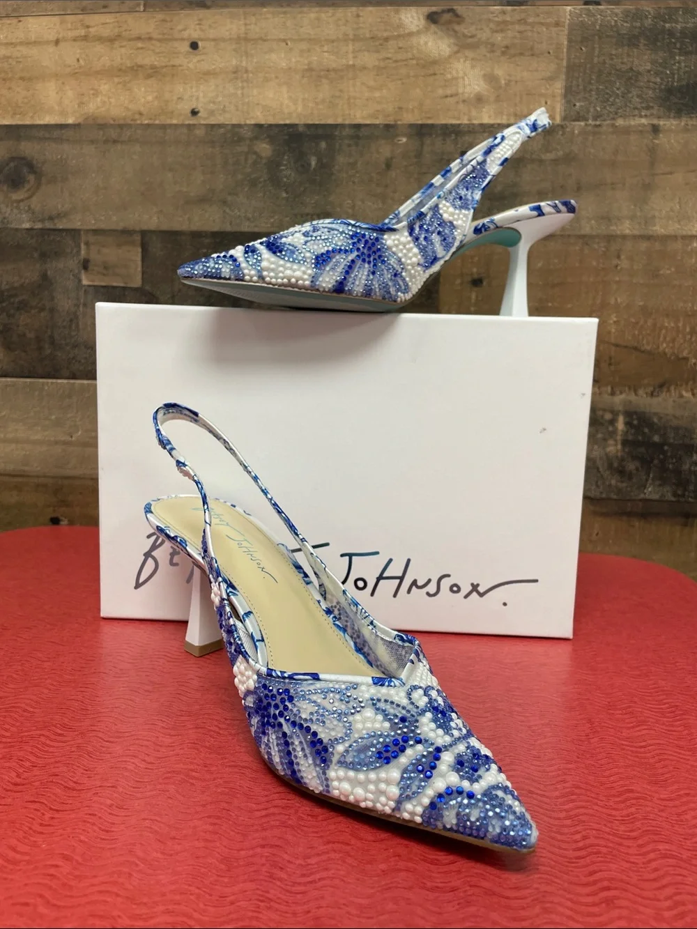 Betsey Johnson Blue and White Beaded Slingback Heels - Picture 1 of 5